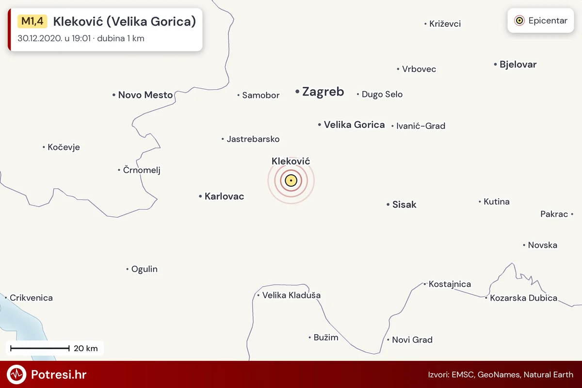 Karta: šire područje i vjerojatni doseg osjeta, potres M1,4, Kleković (Velika Gorica), 30.12.2020.