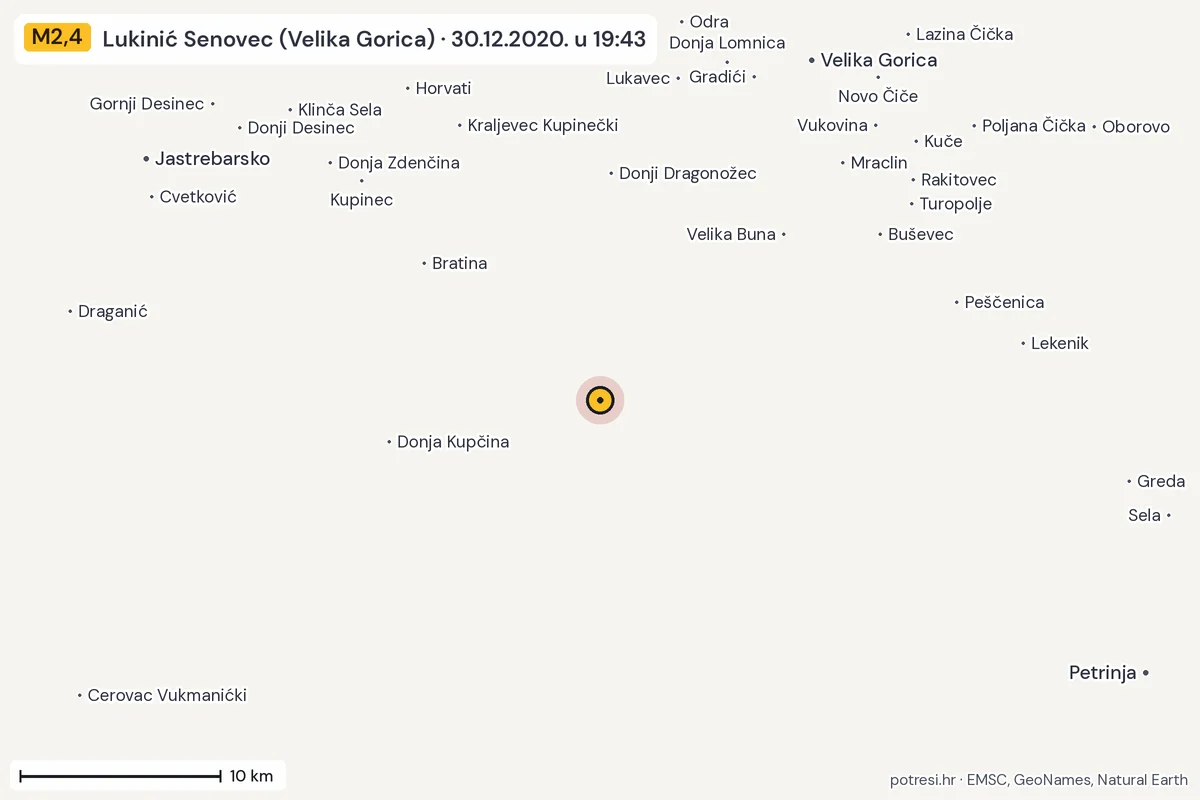Karta: okolica epicentra, 60 km, potres M2,4, Lukinić Senovec (Velika Gorica), 30.12.2020.