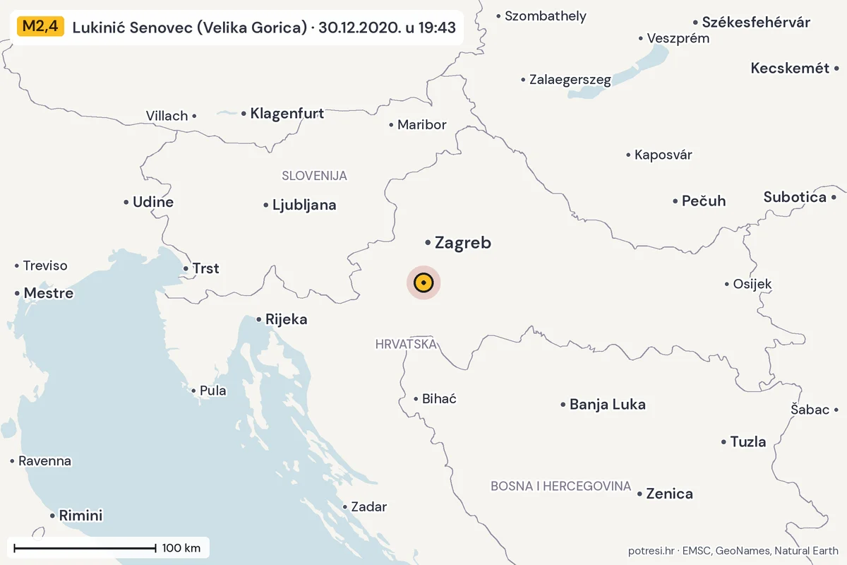Karta: šire područje, 600 km, potres M2,4, Lukinić Senovec (Velika Gorica), 30.12.2020.