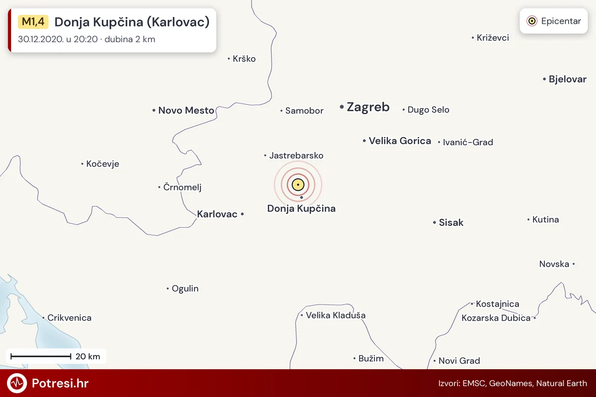 Karta: šire područje i vjerojatni doseg osjeta, potres M1,4, Donja Kupčina (Karlovac), 30.12.2020.