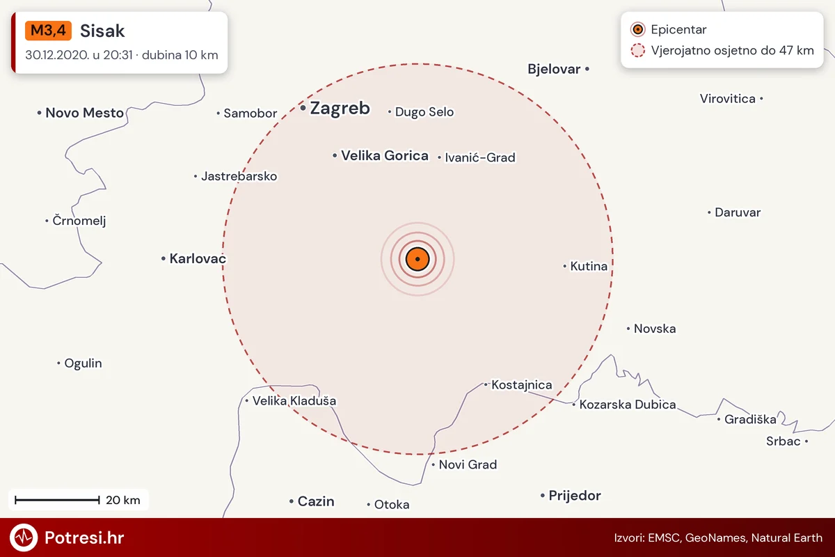 Karta: šire područje i vjerojatni doseg osjeta, potres M3,4, Sisak, 30.12.2020.