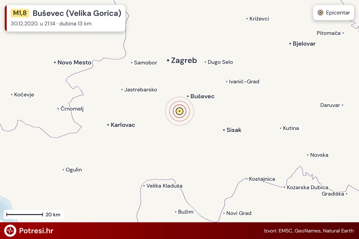 Karta: šire područje i vjerojatni doseg osjeta, potres M1,8, Buševec (Velika Gorica), 30.12.2020.