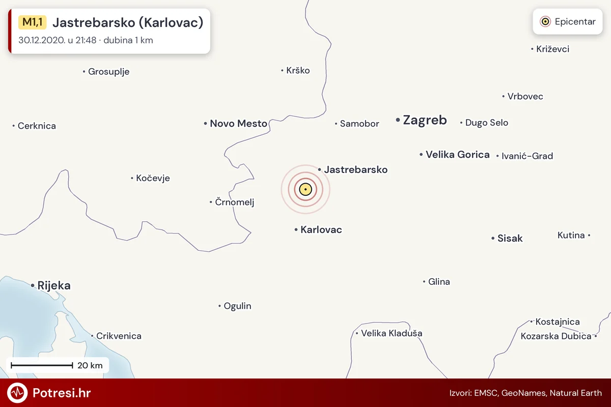 Karta: šire područje i vjerojatni doseg osjeta, potres M1,1, Jastrebarsko (Karlovac), 30.12.2020.