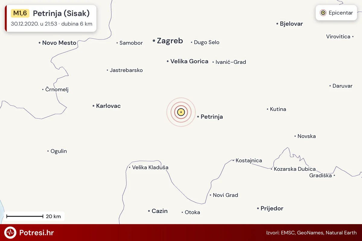 Karta: šire područje i vjerojatni doseg osjeta, potres M1,6, Petrinja (Sisak), 30.12.2020.