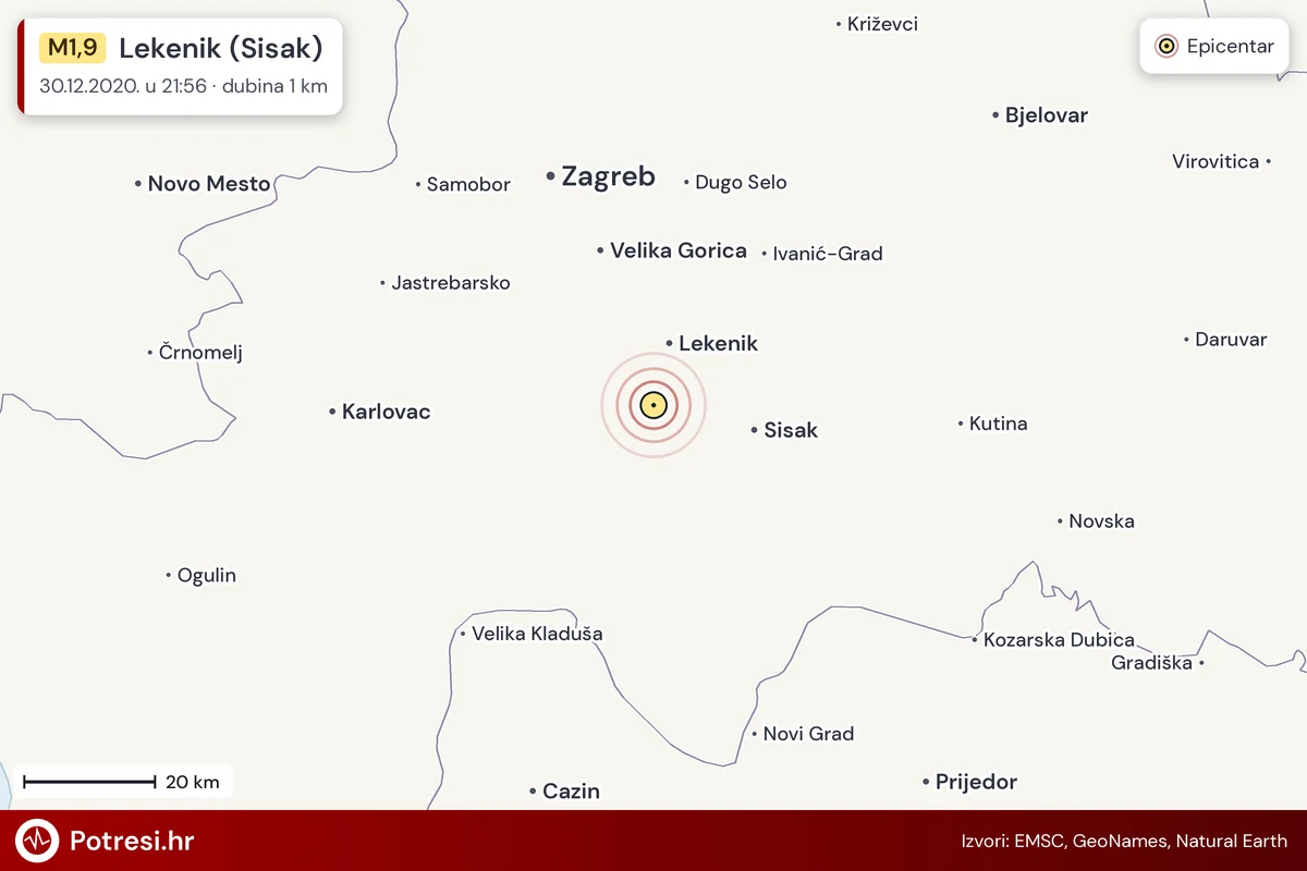 Karta: šire područje i vjerojatni doseg osjeta, potres M1,9, Lekenik (Sisak), 30.12.2020.
