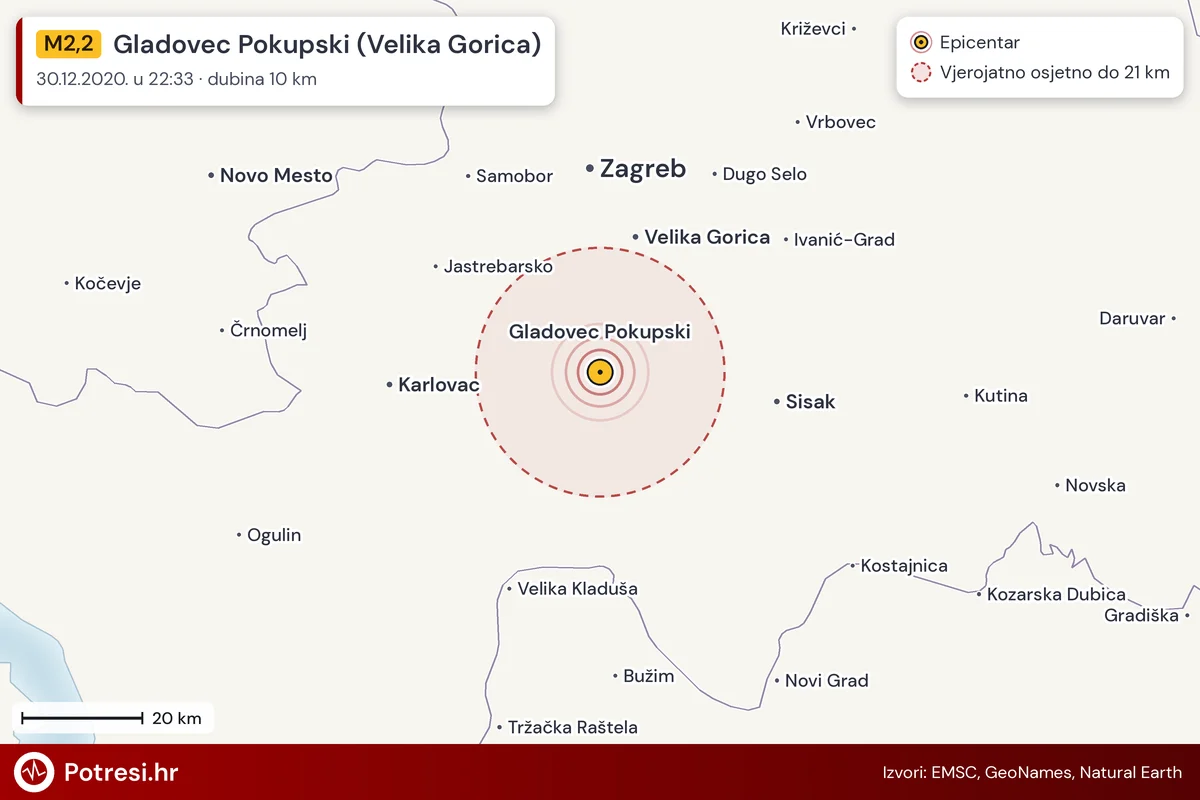 Karta: šire područje i vjerojatni doseg osjeta, potres M2,2, Gladovec Pokupski (Velika Gorica), 30.12.2020.