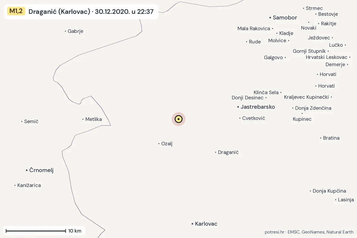 Karta: okolica epicentra, 60 km, potres M1,2, Draganić (Karlovac), 30.12.2020.