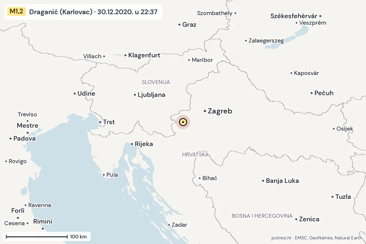 Karta: šire područje, 600 km, potres M1,2, Draganić (Karlovac), 30.12.2020.