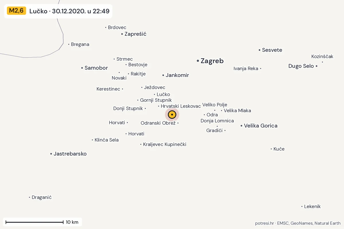 Karta: okolica epicentra, 60 km, potres M2,6, Lučko, 30.12.2020.