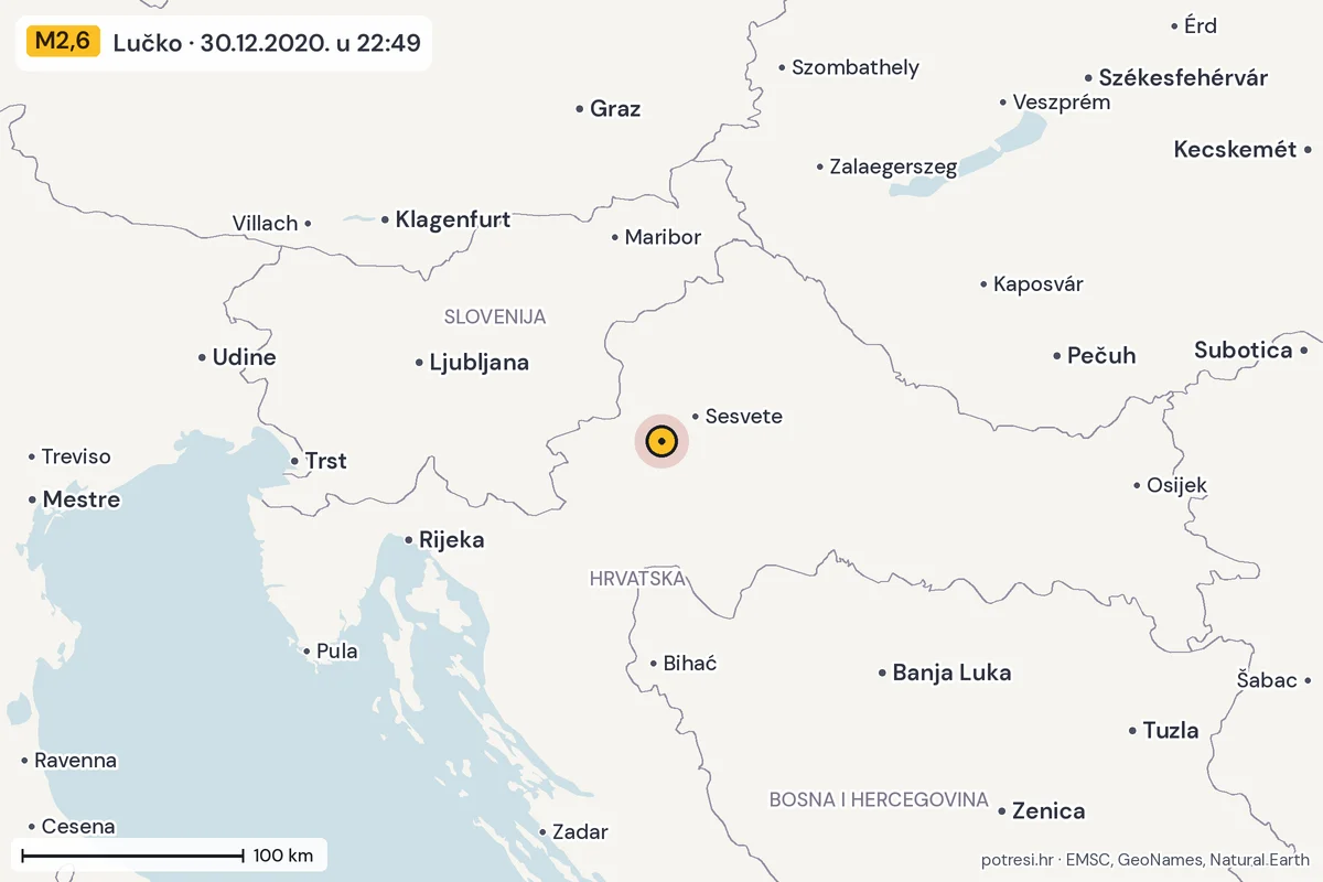 Karta: šire područje, 600 km, potres M2,6, Lučko, 30.12.2020.