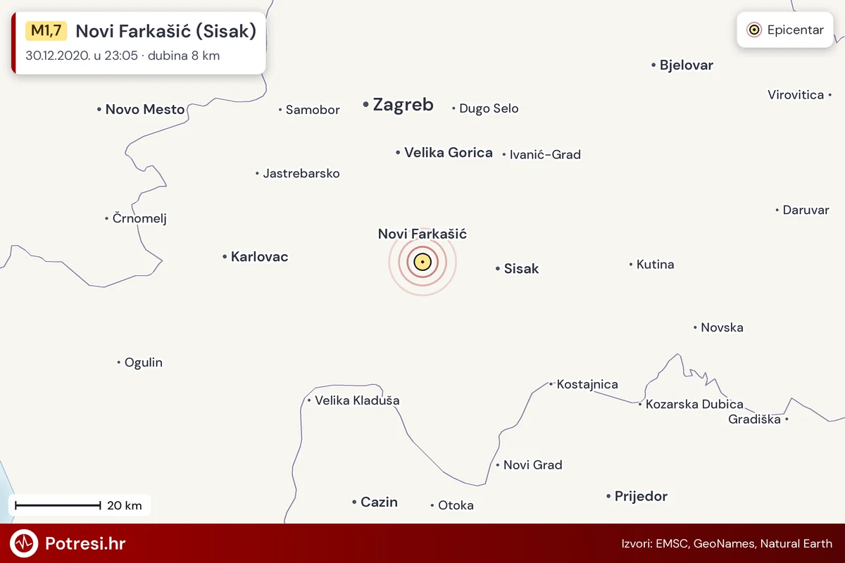Karta: šire područje i vjerojatni doseg osjeta, potres M1,7, Novi Farkašić (Sisak), 30.12.2020.
