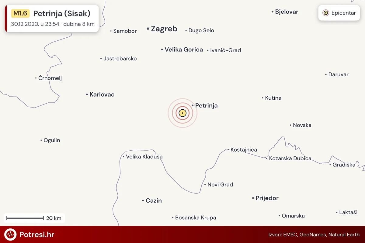 Karta: šire područje i vjerojatni doseg osjeta, potres M1,6, Petrinja (Sisak), 30.12.2020.