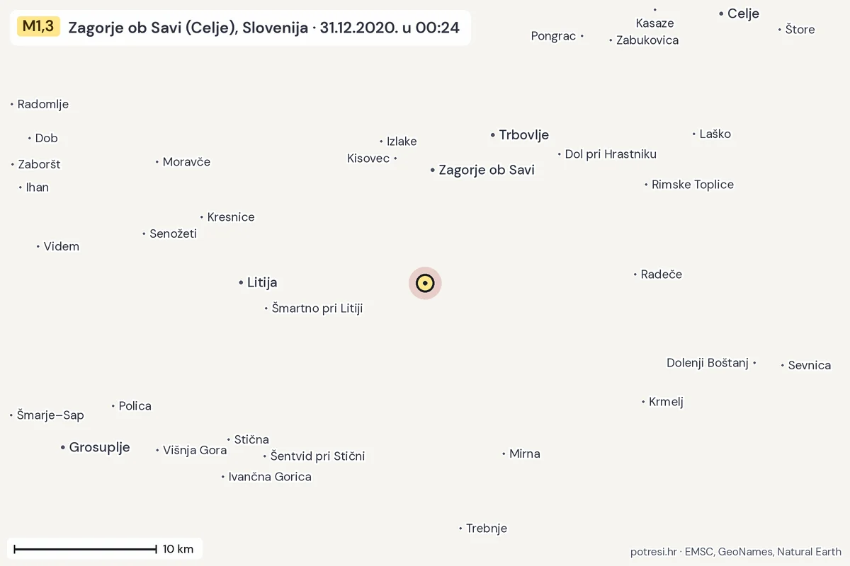 Karta: okolica epicentra, 60 km, potres M1,3, Zagorje ob Savi (Celje), Slovenija, 31.12.2020.