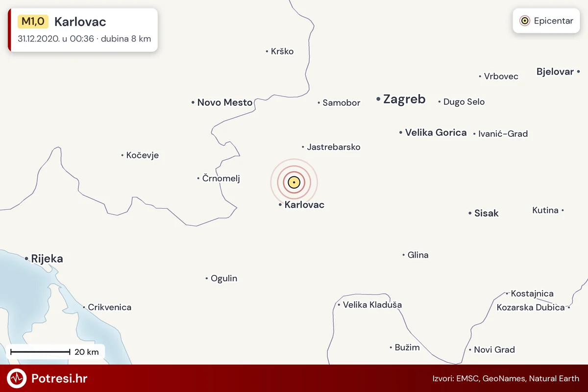 Karta: šire područje i vjerojatni doseg osjeta, potres M1,0, Karlovac, 31.12.2020.