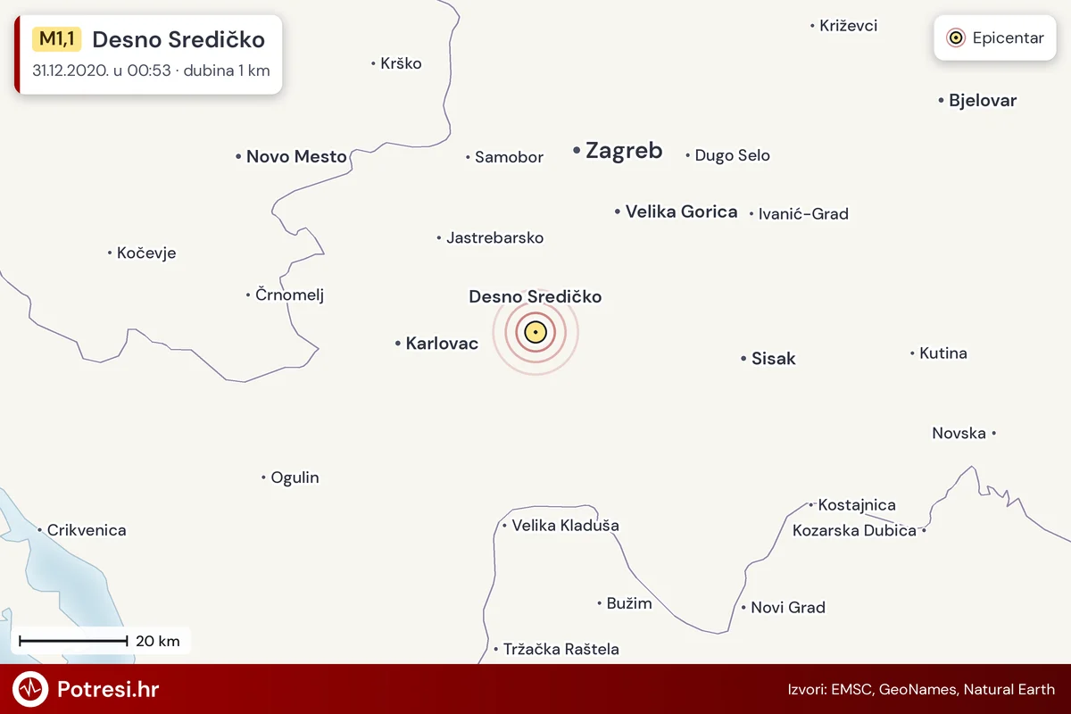 Karta: šire područje i vjerojatni doseg osjeta, potres M1,1, Desno Sredičko, 31.12.2020.
