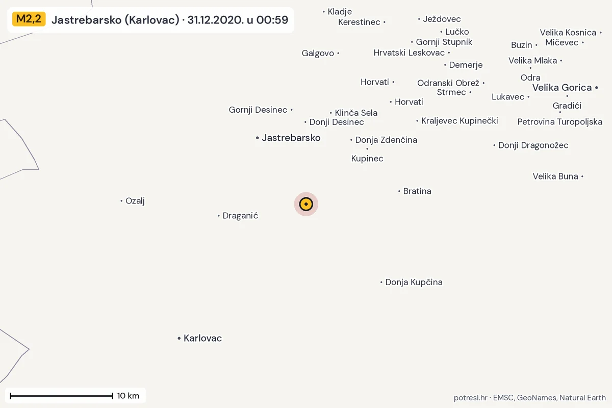 Karta: okolica epicentra, 60 km, potres M2,2, Jastrebarsko (Karlovac), 31.12.2020.