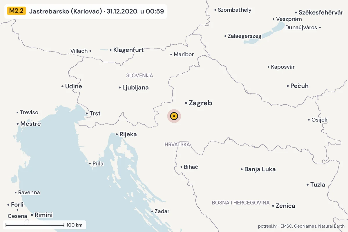 Karta: šire područje, 600 km, potres M2,2, Jastrebarsko (Karlovac), 31.12.2020.