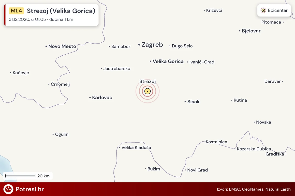 Karta: šire područje i vjerojatni doseg osjeta, potres M1,4, Strezoj (Velika Gorica), 31.12.2020.