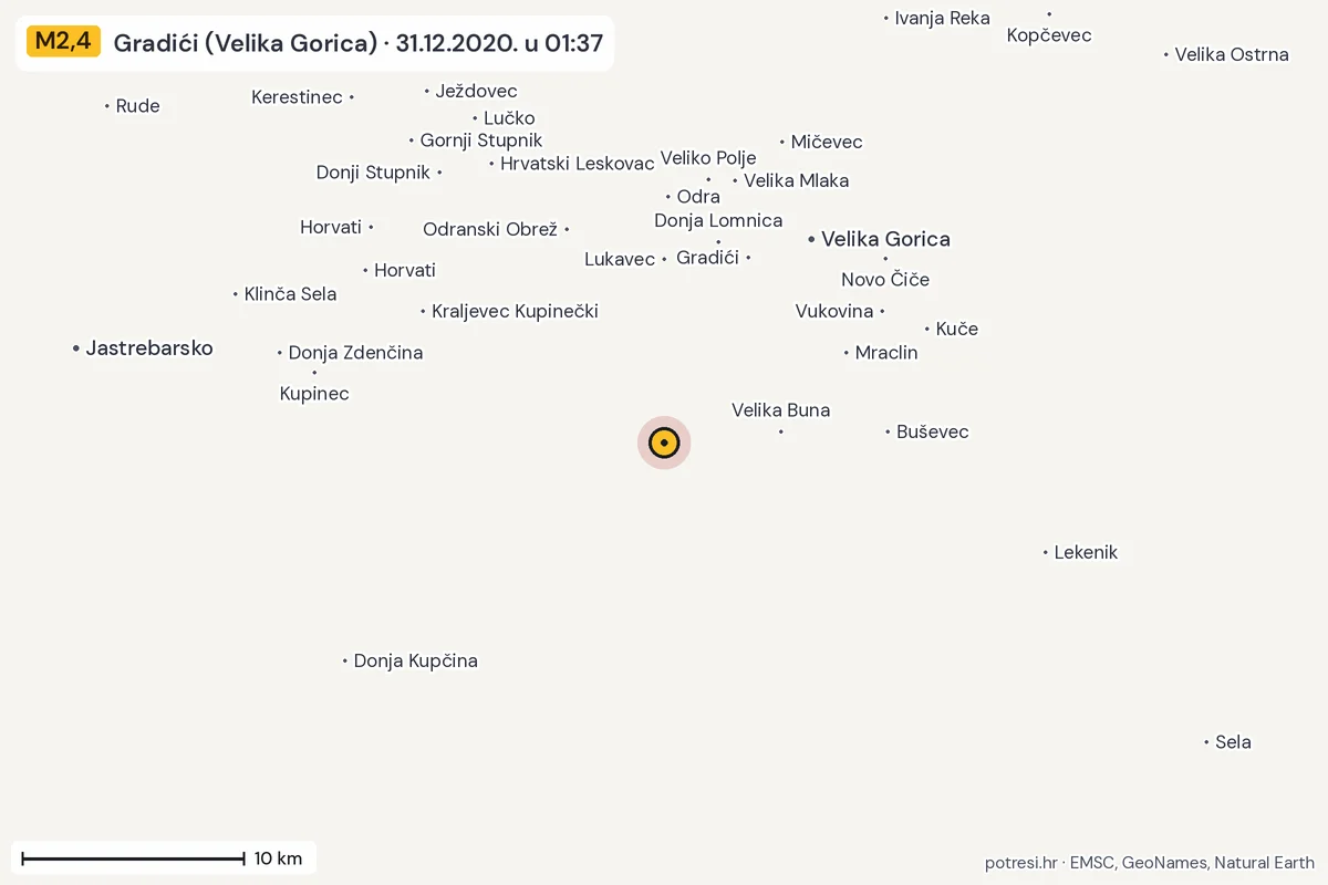 Karta: okolica epicentra, 60 km, potres M2,4, Gradići (Velika Gorica), 31.12.2020.