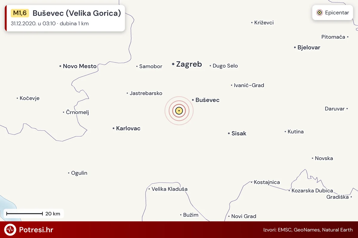 Karta: šire područje i vjerojatni doseg osjeta, potres M1,6, Buševec (Velika Gorica), 31.12.2020.
