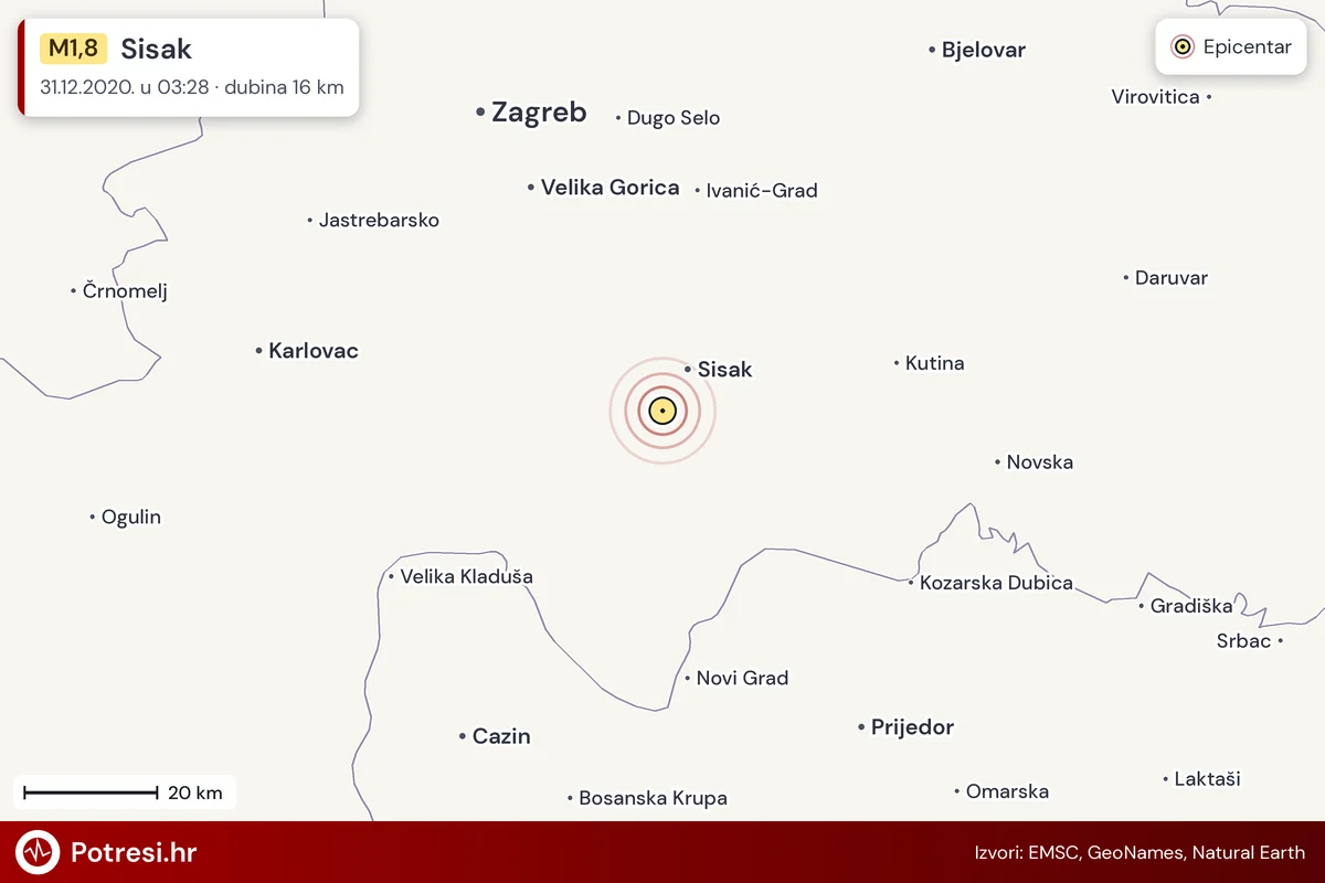 Karta: šire područje i vjerojatni doseg osjeta, potres M1,8, Sisak, 31.12.2020.