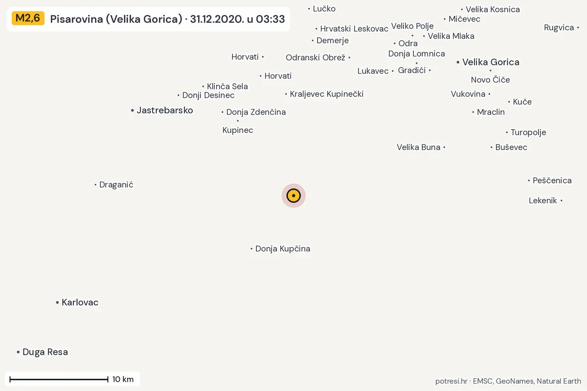 Karta: okolica epicentra, 60 km, potres M2,6, Pisarovina (Velika Gorica), 31.12.2020.