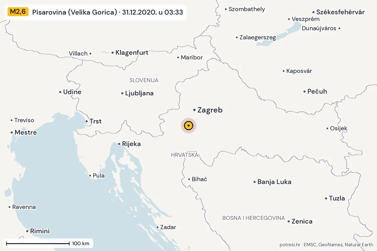 Karta: šire područje, 600 km, potres M2,6, Pisarovina (Velika Gorica), 31.12.2020.