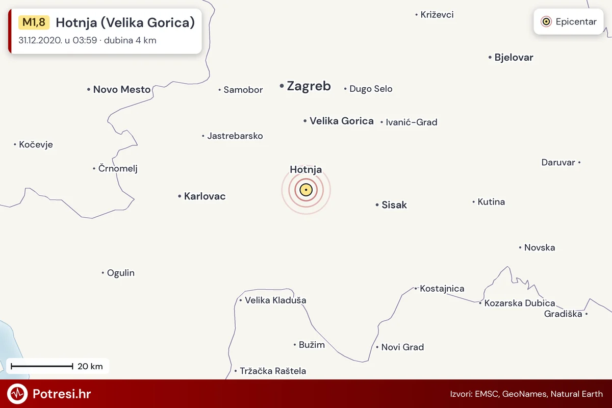 Karta: šire područje i vjerojatni doseg osjeta, potres M1,8, Hotnja (Velika Gorica), 31.12.2020.