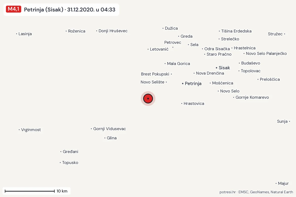Karta: okolica epicentra, 60 km, potres M4,1, Petrinja (Sisak), 31.12.2020.