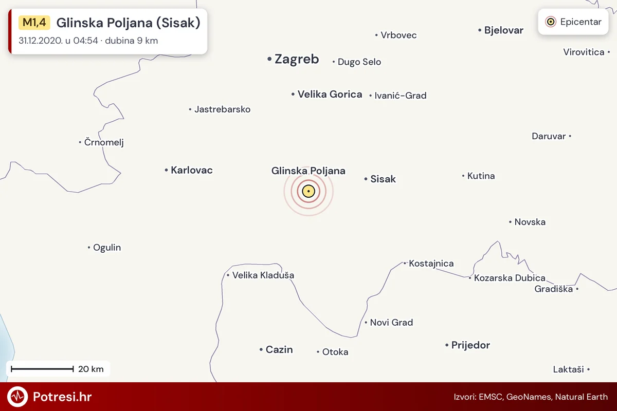 Karta: šire područje i vjerojatni doseg osjeta, potres M1,4, Glinska Poljana (Sisak), 31.12.2020.