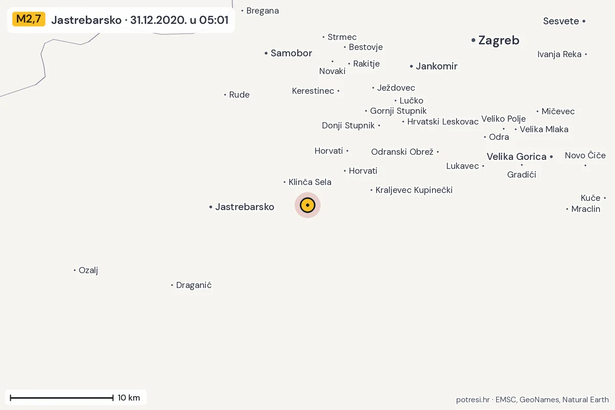 Karta: okolica epicentra, 60 km, potres M2,7, Jastrebarsko, 31.12.2020.