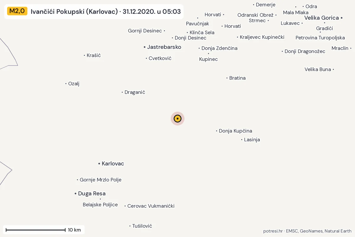 Karta: okolica epicentra, 60 km, potres M2,0, Ivančići Pokupski (Karlovac), 31.12.2020.