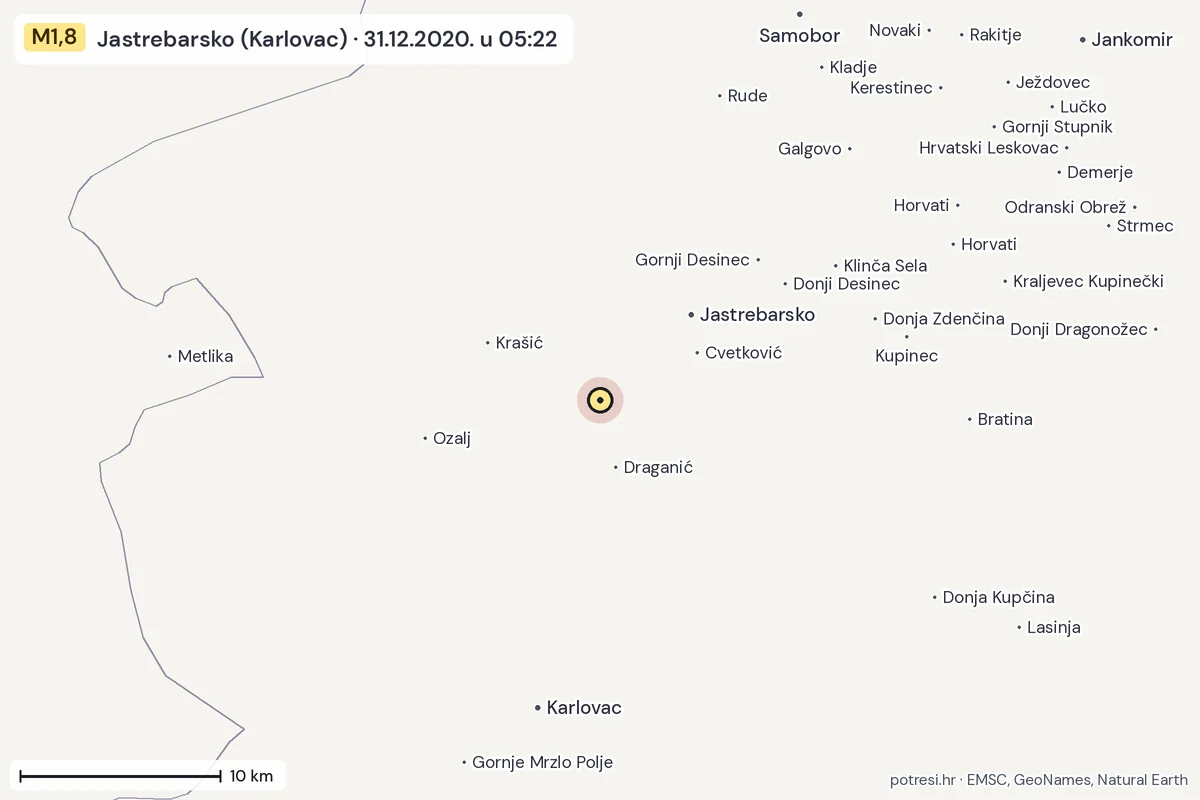 Karta: okolica epicentra, 60 km, potres M1,8, Jastrebarsko (Karlovac), 31.12.2020.