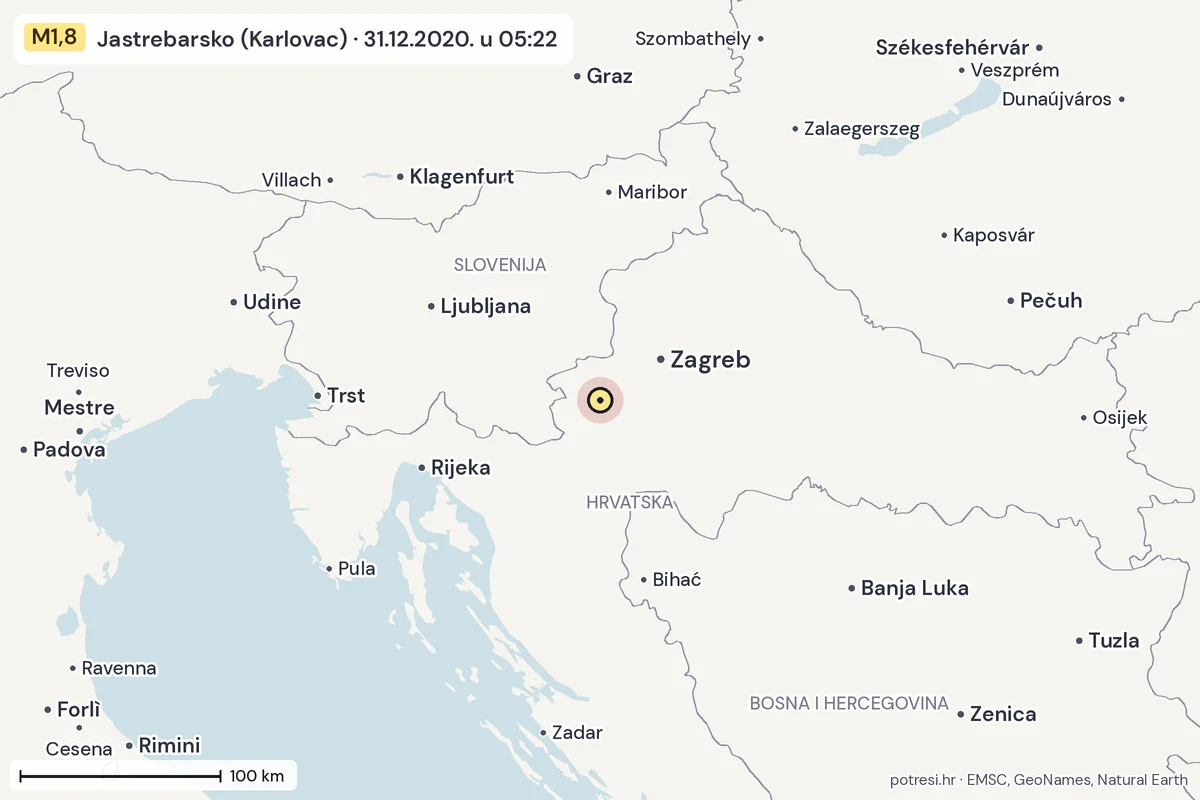 Karta: šire područje, 600 km, potres M1,8, Jastrebarsko (Karlovac), 31.12.2020.