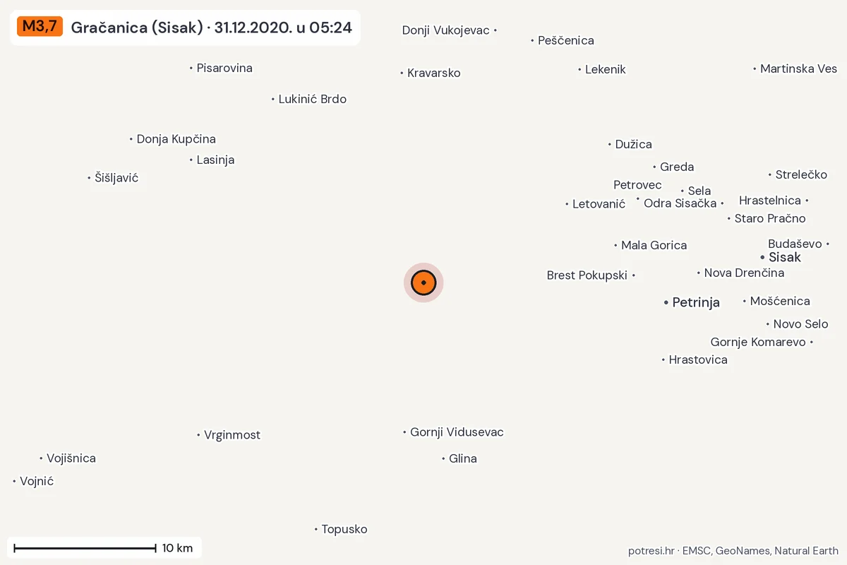Karta: okolica epicentra, 60 km, potres M3,7, Gračanica (Sisak), 31.12.2020.