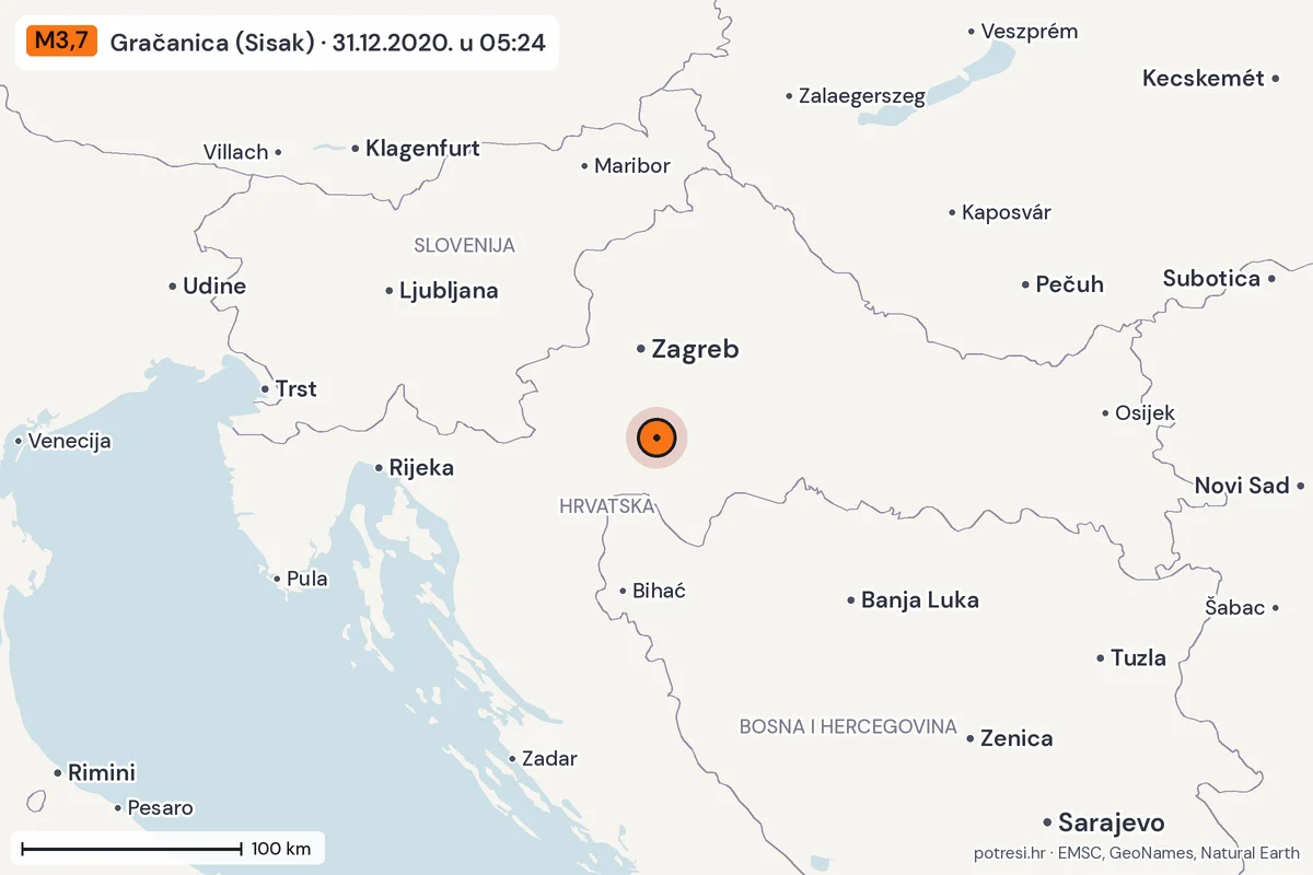 Karta: šire područje, 600 km, potres M3,7, Gračanica (Sisak), 31.12.2020.