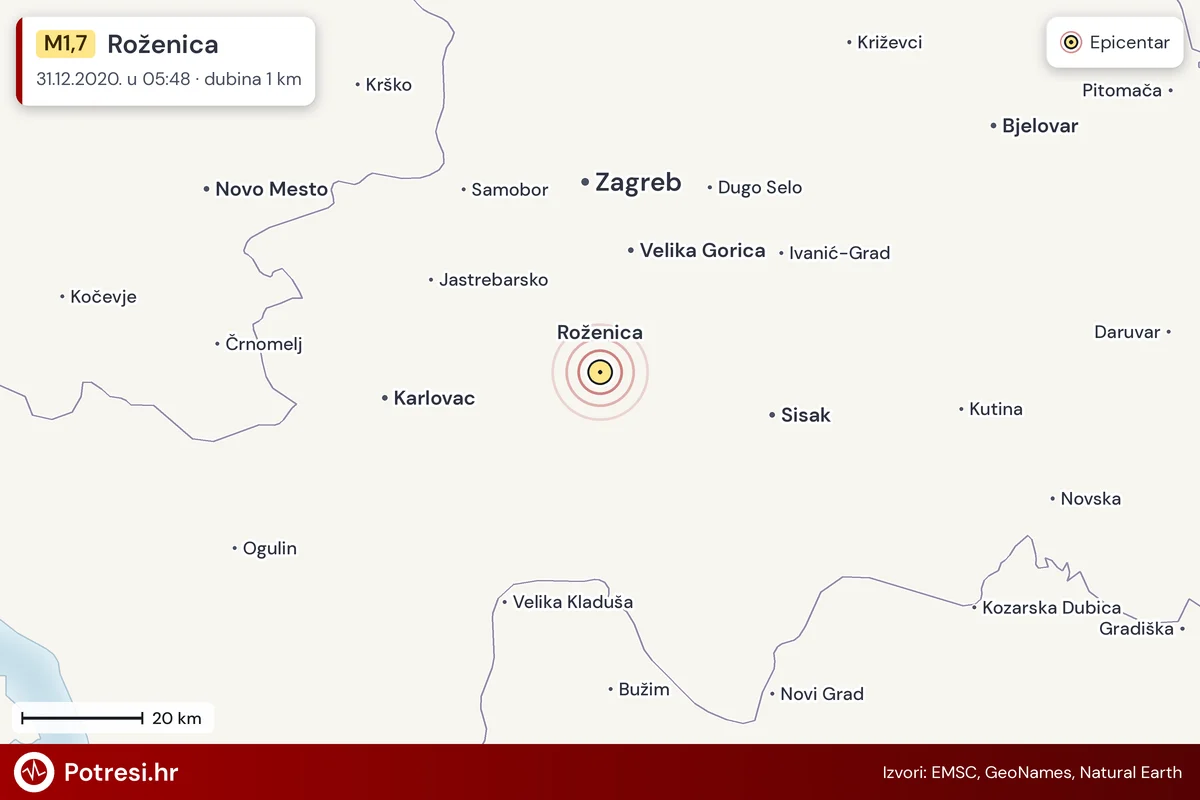Karta: šire područje i vjerojatni doseg osjeta, potres M1,7, Roženica, 31.12.2020.