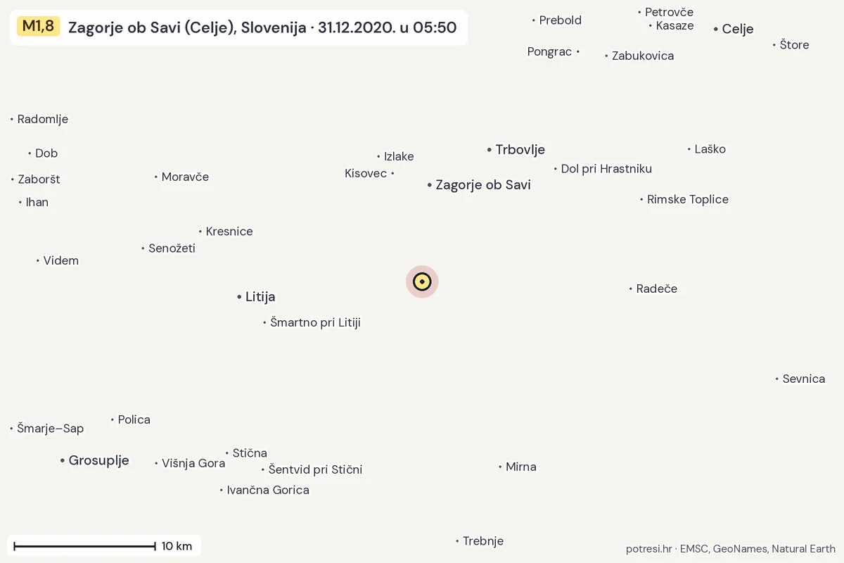 Karta: okolica epicentra, 60 km, potres M1,8, Zagorje ob Savi (Celje), Slovenija, 31.12.2020.