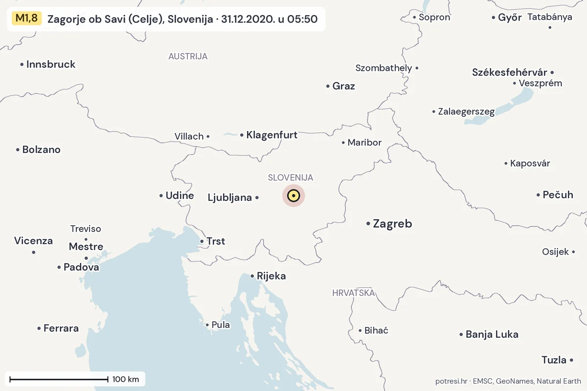 Karta: šire područje, 600 km, potres M1,8, Zagorje ob Savi (Celje), Slovenija, 31.12.2020.