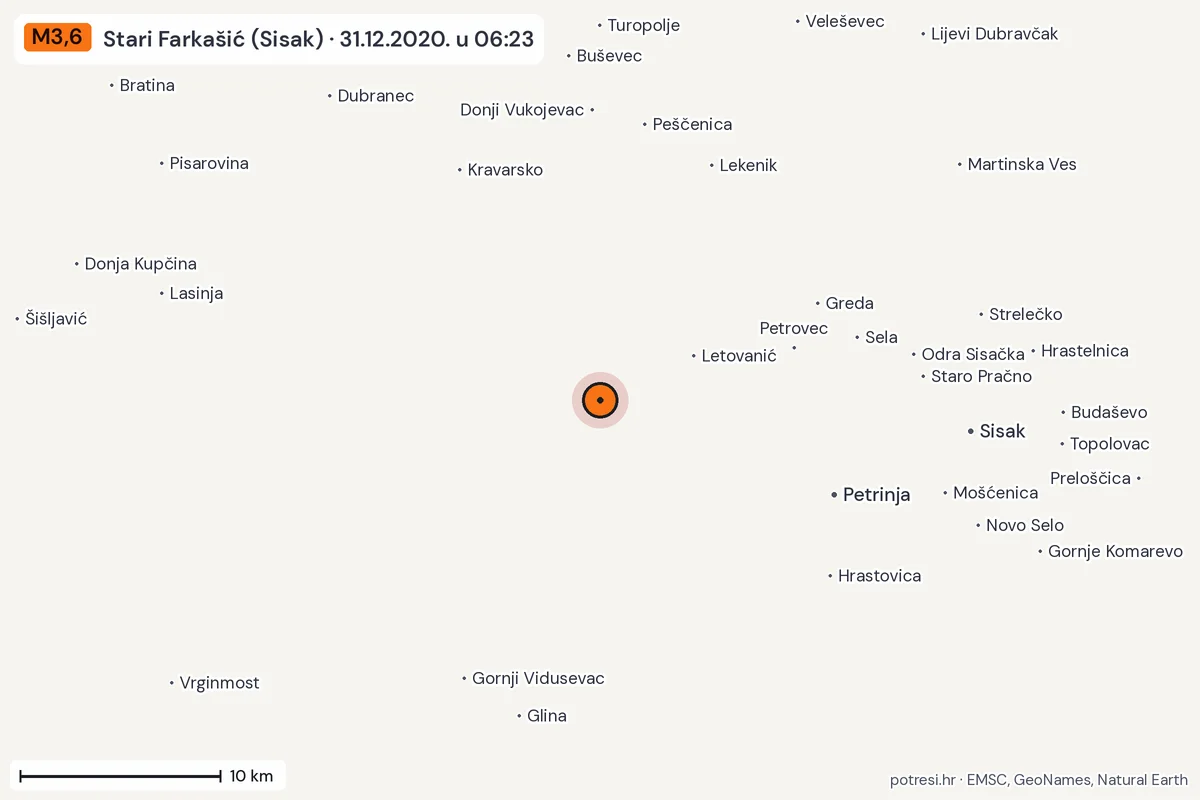Karta: okolica epicentra, 60 km, potres M3,6, Stari Farkašić (Sisak), 31.12.2020.