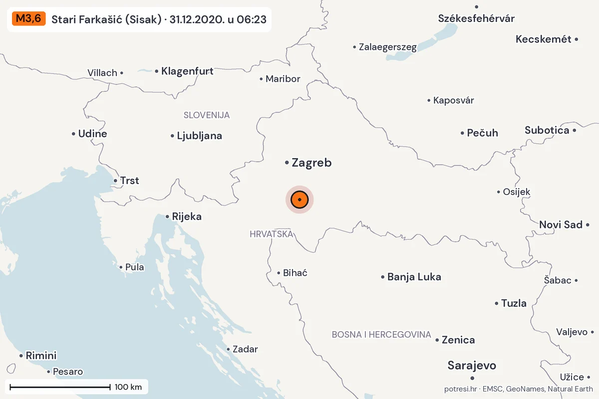 Karta: šire područje, 600 km, potres M3,6, Stari Farkašić (Sisak), 31.12.2020.