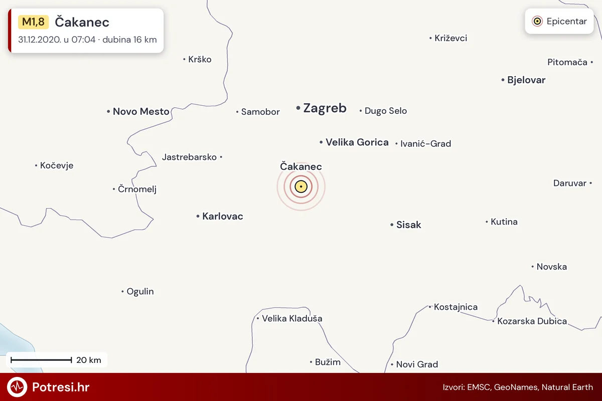 Karta: šire područje i vjerojatni doseg osjeta, potres M1,8, Čakanec, 31.12.2020.