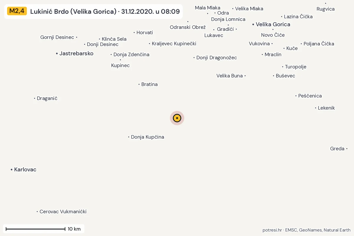 Karta: okolica epicentra, 60 km, potres M2,4, Lukinić Brdo (Velika Gorica), 31.12.2020.