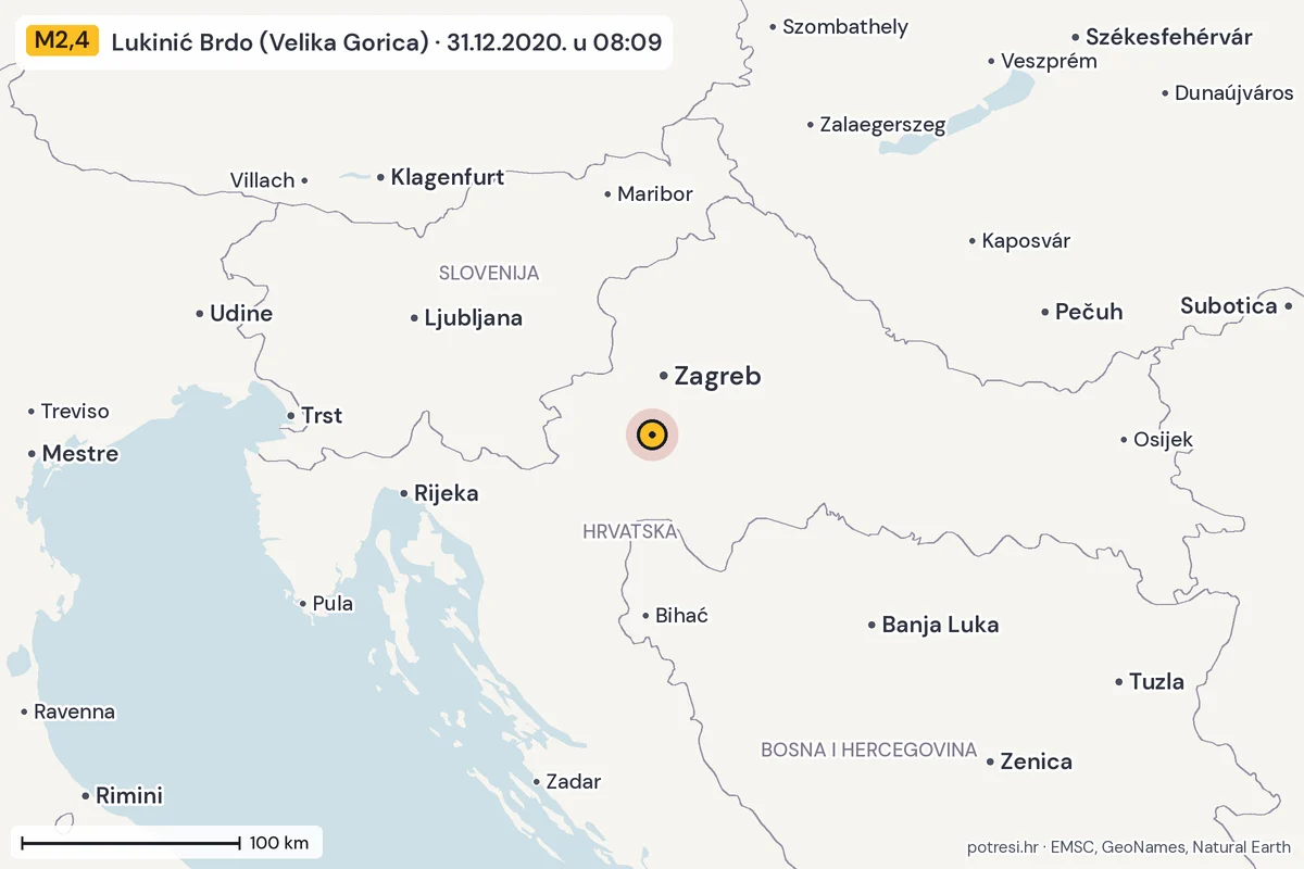 Karta: šire područje, 600 km, potres M2,4, Lukinić Brdo (Velika Gorica), 31.12.2020.