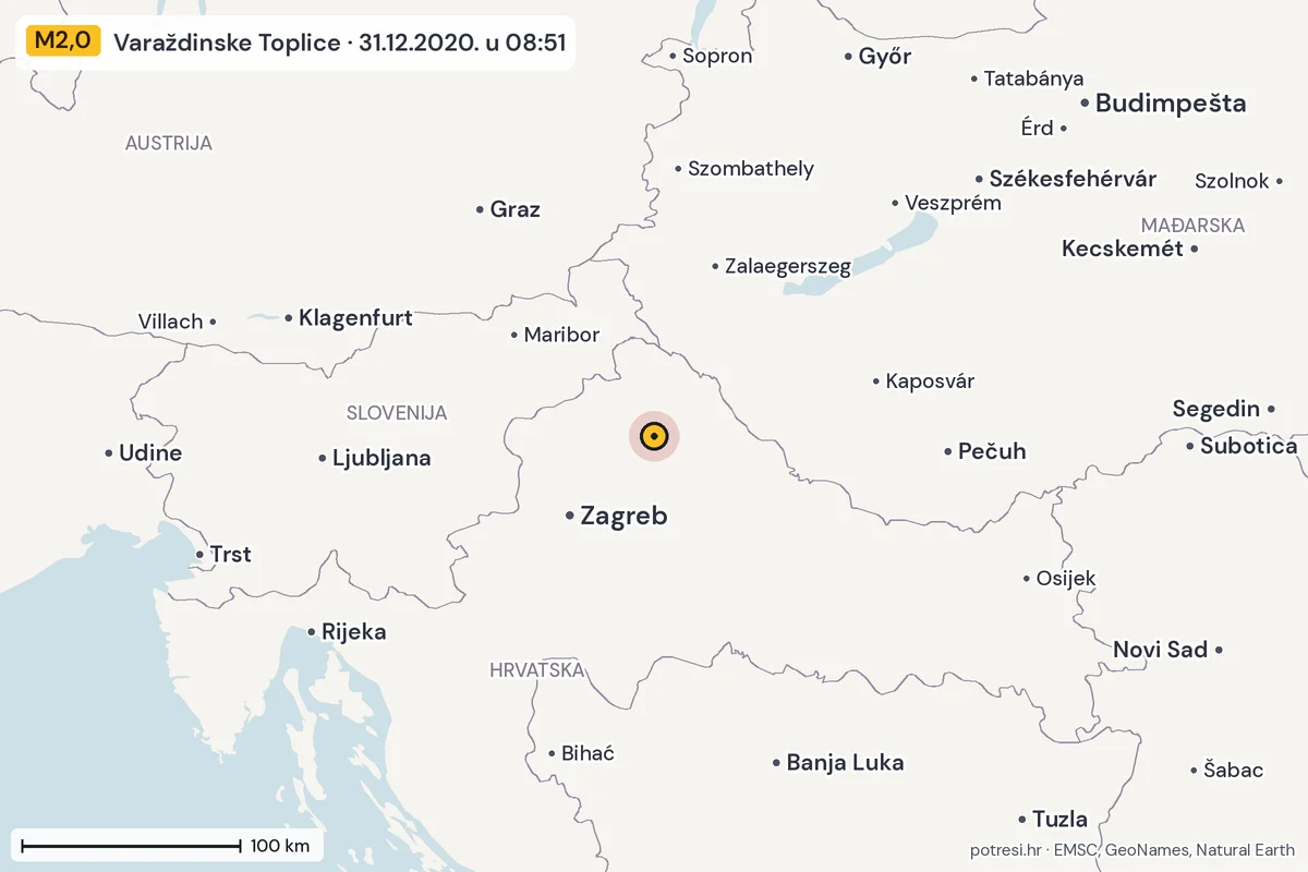 Karta: šire područje, 600 km, potres M2,0, Varaždinske Toplice, 31.12.2020.