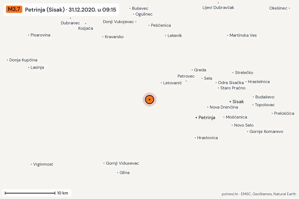 Karta: okolica epicentra, 60 km, potres M3,7, Petrinja (Sisak), 31.12.2020.