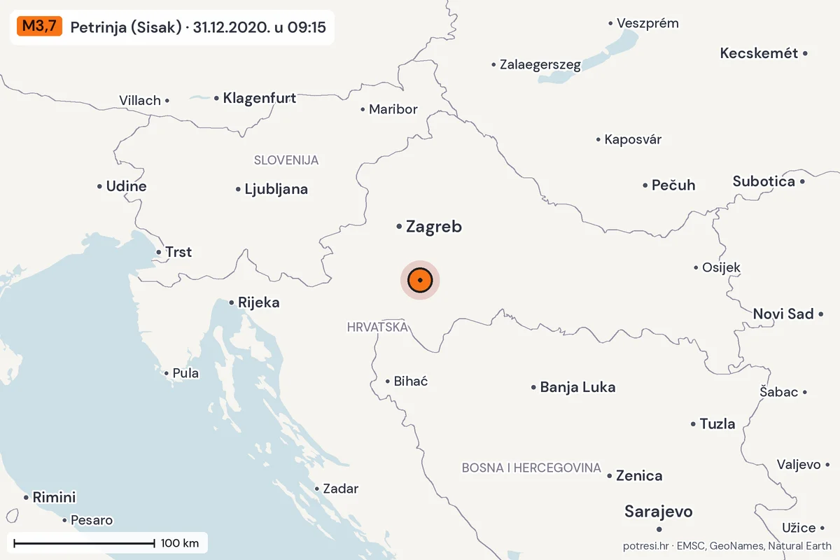 Karta: šire područje, 600 km, potres M3,7, Petrinja (Sisak), 31.12.2020.