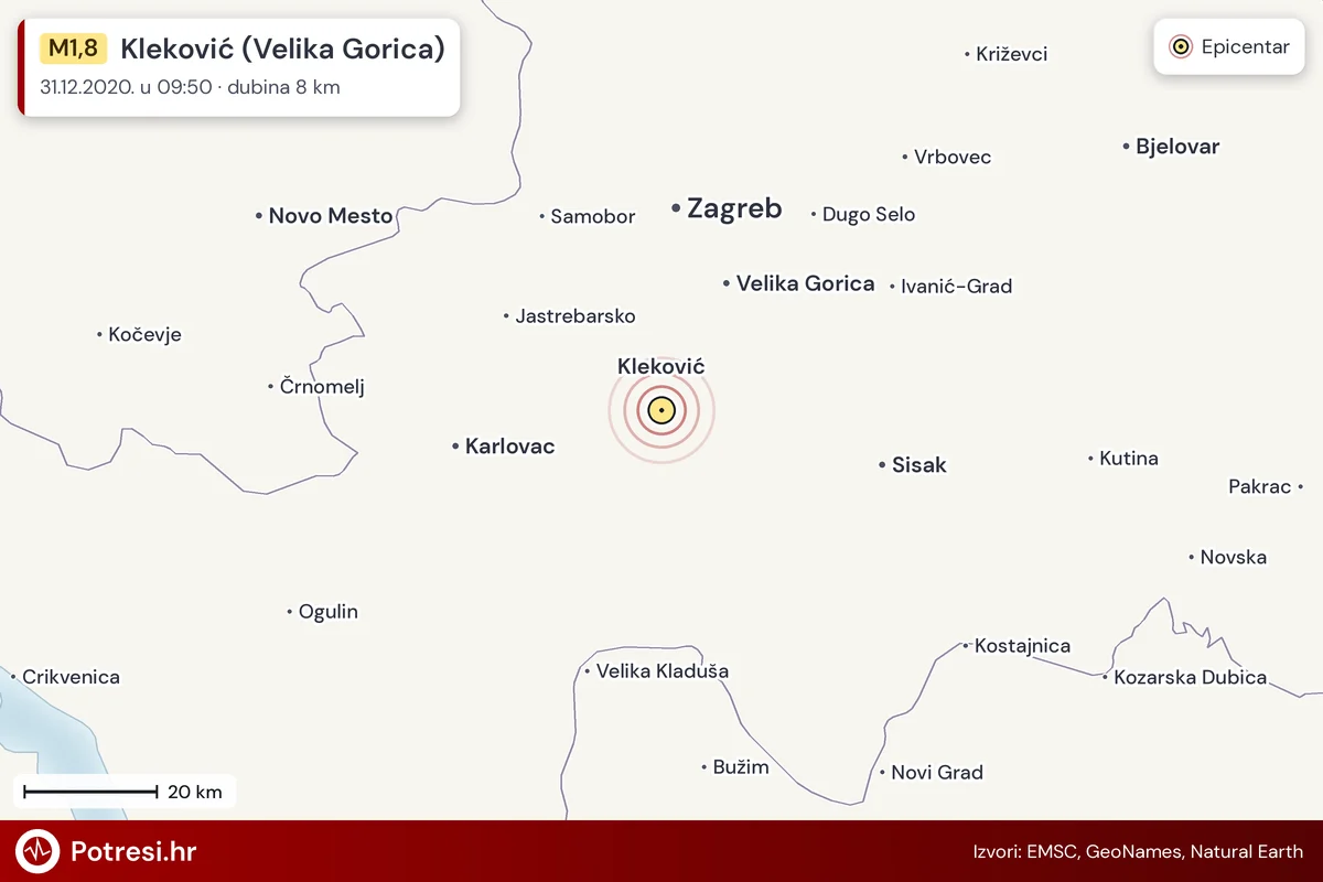 Karta: šire područje i vjerojatni doseg osjeta, potres M1,8, Kleković (Velika Gorica), 31.12.2020.