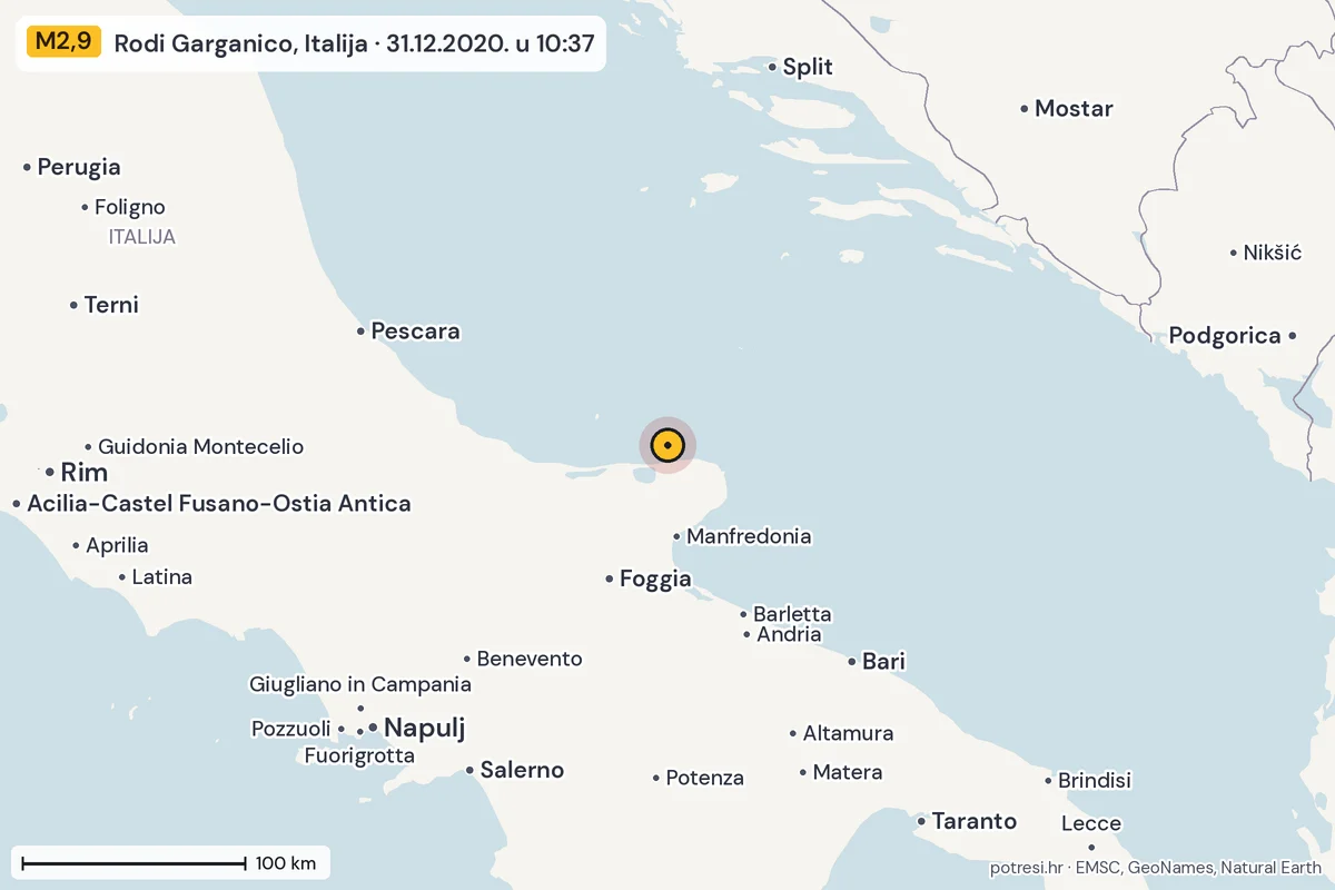 Karta: šire područje, 600 km, potres M2,9, Rodi Garganico, Italija, 31.12.2020.