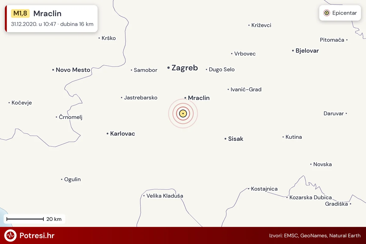 Karta: šire područje i vjerojatni doseg osjeta, potres M1,8, Mraclin, 31.12.2020.